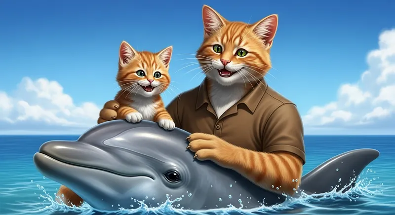 Ginger Feline Father & Kitten Pet Dolphin on Sea Shore