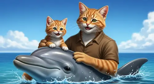 Ginger Cat and Kitten Petting Dolphin by the Sea