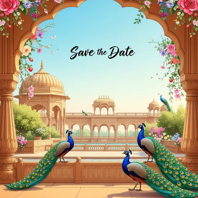 Royal Indian Theme 'Save the Date' Wedding Page with Rajasthani Garden & Peacocks Royal Indian Theme 'Save the Date' Wedding Page with Rajasthani Garden & Peacocks