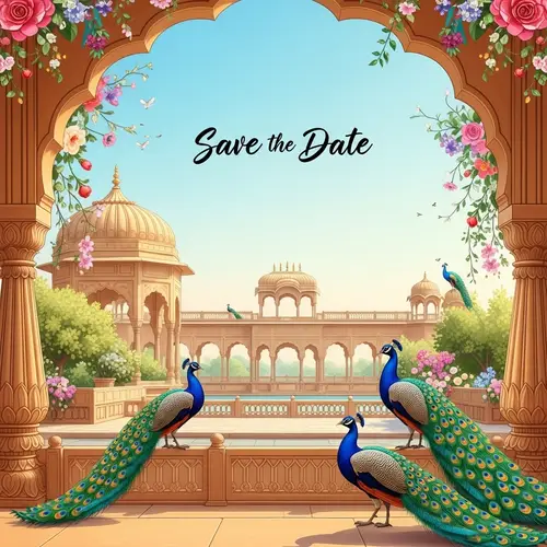 Royal Indian Style Wedding Save the Date Page with Rajasthani Garden and Peacocks