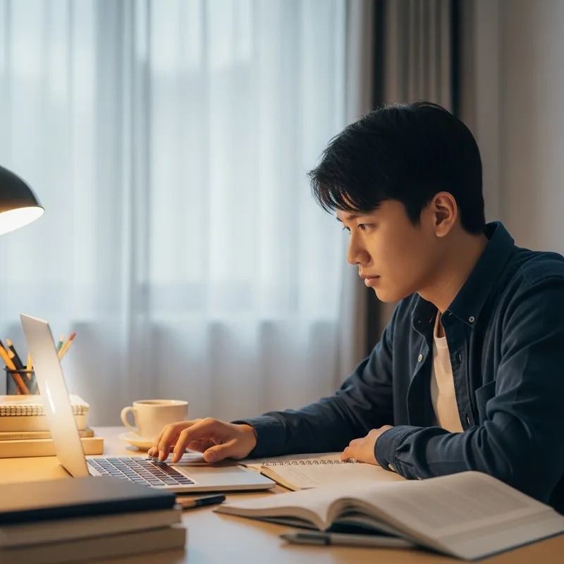 Asian Male Student Studying at Laptop | Study Focus