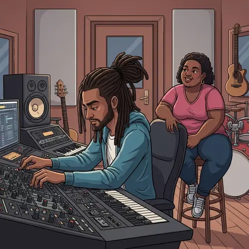 Cartoon Man with Dreadlocks in Recording Studio with Plus-Sized Black Girlfriend