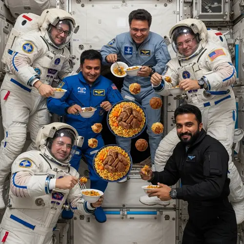 Multicultural Astronauts Enjoying Uzbek Plov in Space Station