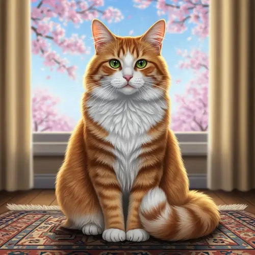 Orange and White Domestic Cat on Colorful Rug | Relaxing Pose