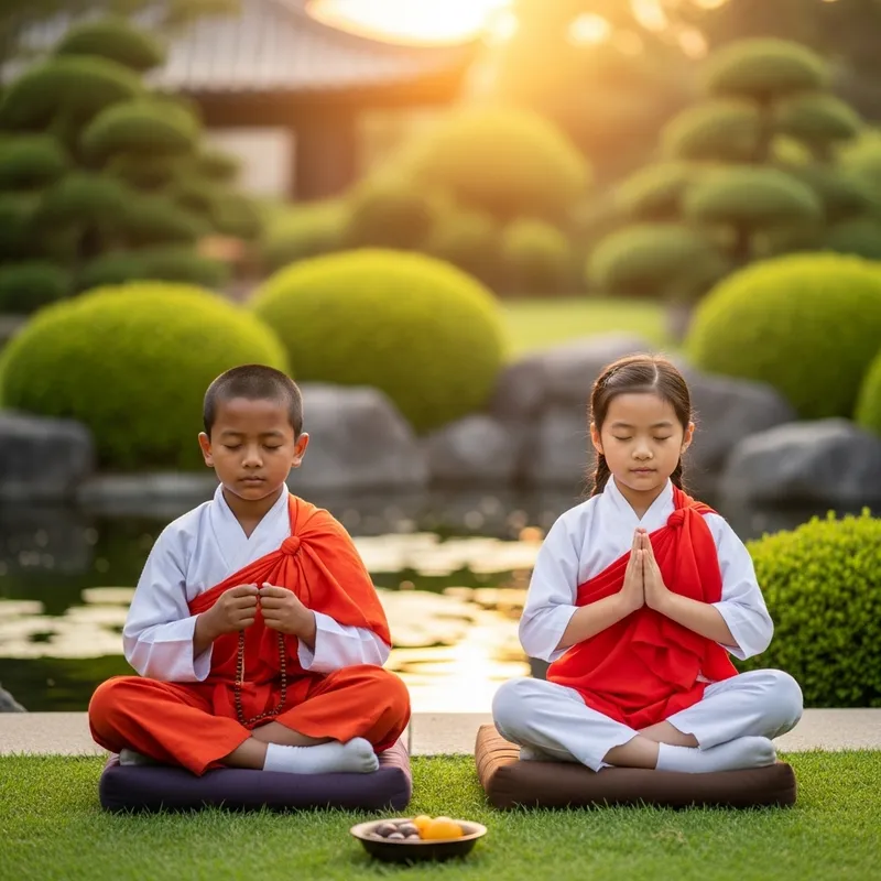 Serene Buddhist Children Meditating in Temple Garden