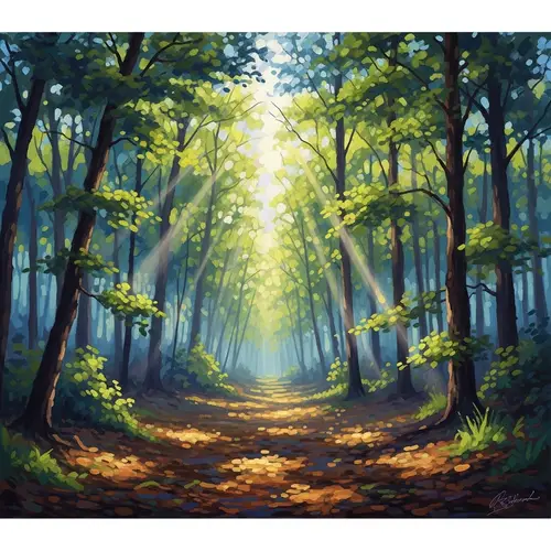 Mystical Forest Sunlight Scene | Nature-Inspired Impressionist Painting