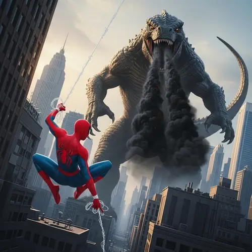 Spiderman fighting Godzilla 