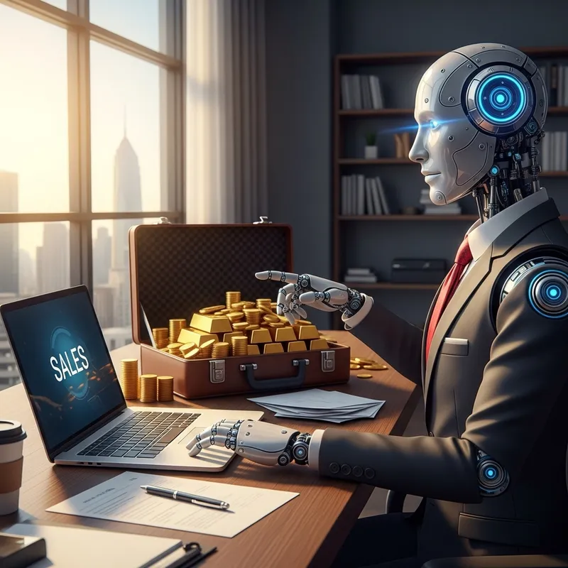 AI Robot with Gold Briefcase in Office | Sales Promotion