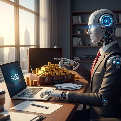 AI Robot with Gold Briefcase in Office | Sales Promotion