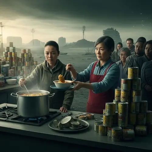 Dystopian World: Asian Woman Inspires Hope with Soup Kitchen