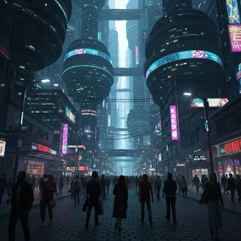 Cyberpunk Cityscape: Futuristic Floating Buildings & Neon Lights