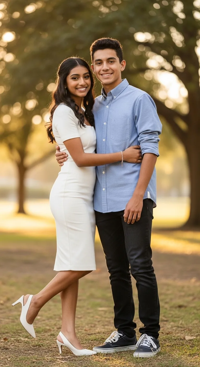Teenage Girl in Modest White Dress | Friendly Hug