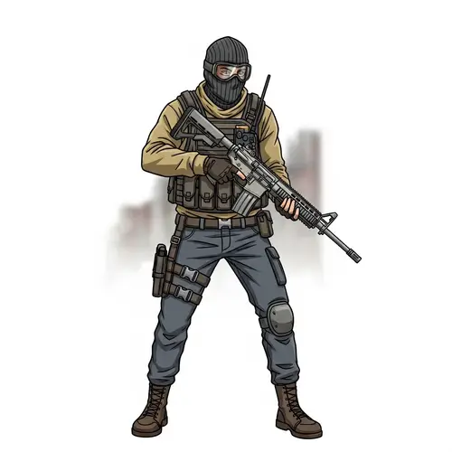 Adventure Cartoon Character in Ski Mask with Rifle