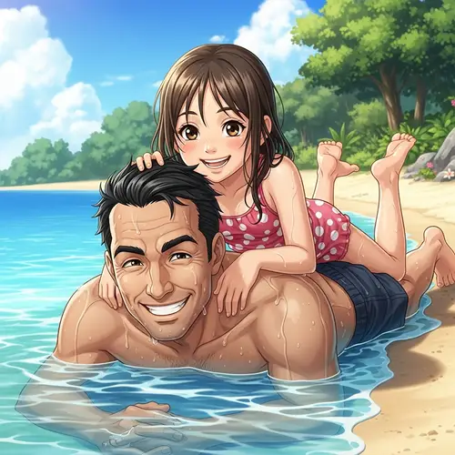 Vibrant Beachfront Animation: Father-Daughter Fun