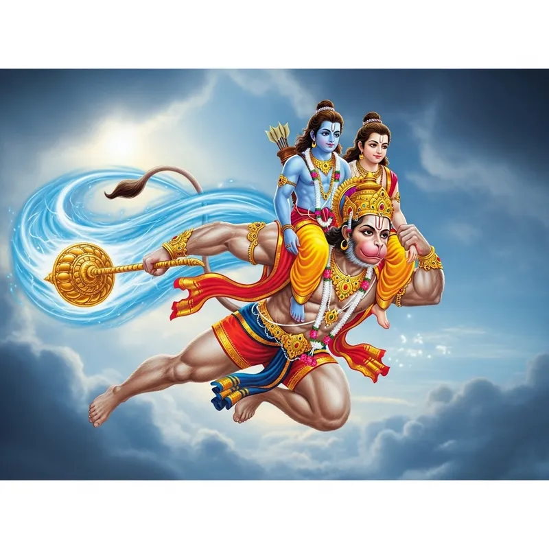 Hanuman Rocketing Through the Sky with Ram and Lakshman