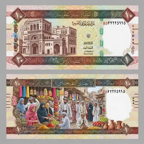 Yemen Banknotes: Front Architectural Design, Back Local Market Scene