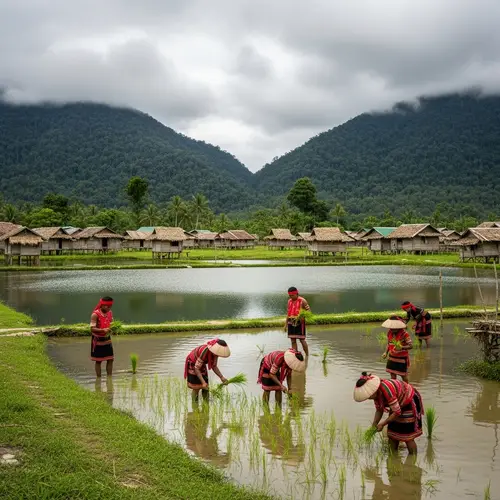Serene Village in the Philippines: Indigenous People Planting Rice