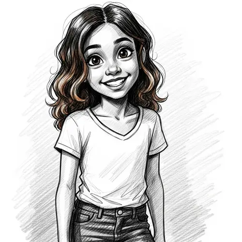 Cheerful 11-Year-Old Girl Sketch with Brown Skin & Curly Hair