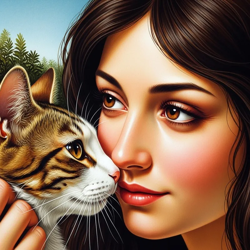Romantic Portrait of Gina Valentina Kissing a Cat in Vibrant Colors