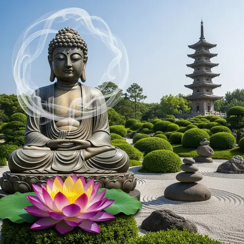 Tranquil Buddha Statue in Serene Zen Garden