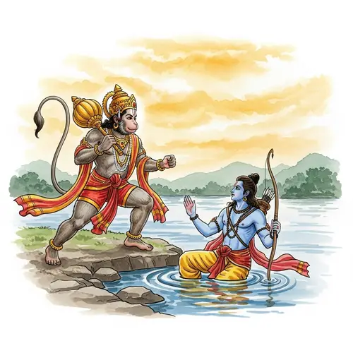 Lord Hanuman Defeats Lord Rama at Lake Sarayu - Mythical Watercolor Art