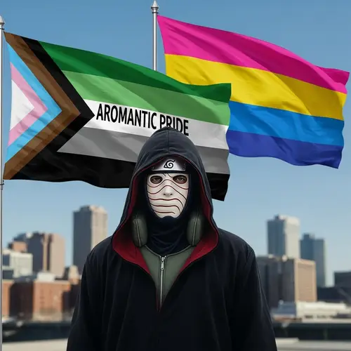 Mysterious Black Cloaked Figure with Anbu Mask | Aromantic & Pansexual Flags