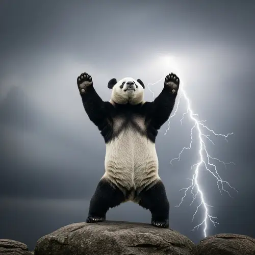 Rock n' Roll Panda Reaching to the Sky with Lightning Background