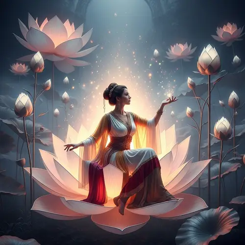 Ethereal Middle-Eastern Woman in Luminescent Lotus Flower