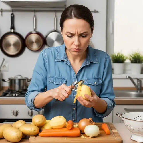Angry Mother Peeling Vegetables - Cooking Frustration Resolved