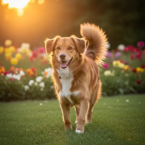 Radiant Sunset Colors: Active Healthy Dog in Lush Green Park