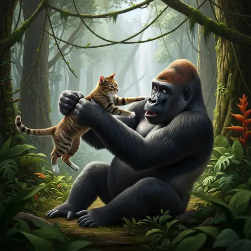 Cat vs Gorilla Wrestling Match: Playful Encounter in Natural Jungle