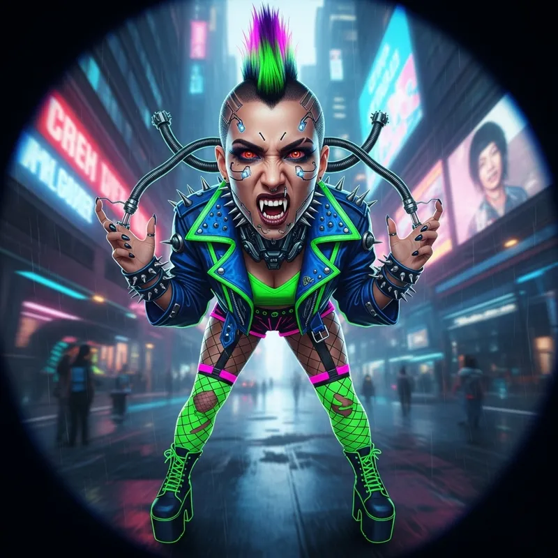 Hispanic Punk Rock Vampire Cyborg Woman | Vibrant Neon Colors