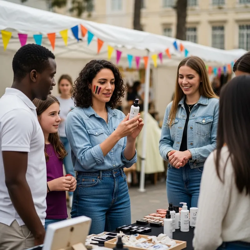 Captivating Marketplace Display: Woman Introducing New Beauty Essential