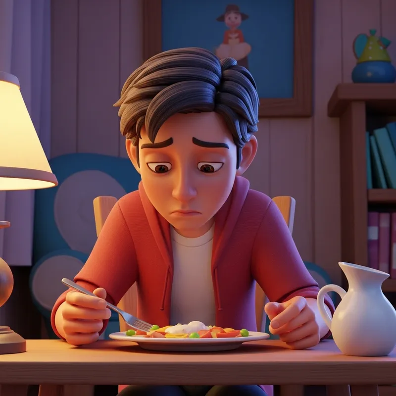 Sad 15-Year-Old Boy Eating Alone - Disney Pixar Style