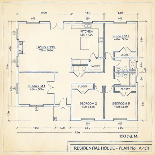 Detailed Residential House Blueprint | Room Divisions & Measurements