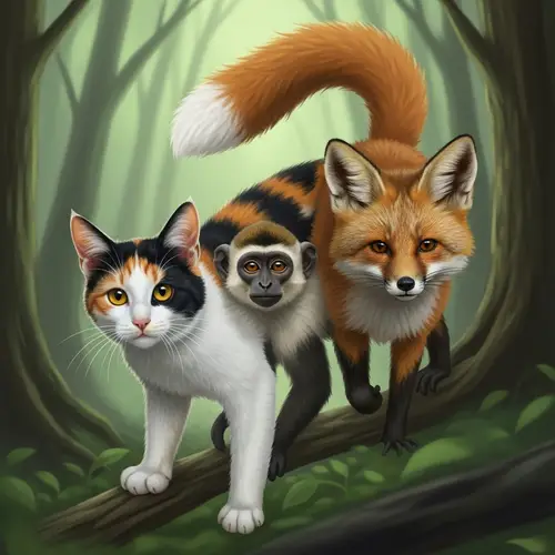 Mystical Tricolor Cat-Monkey-Fox Hybrid in Vibrant Forest