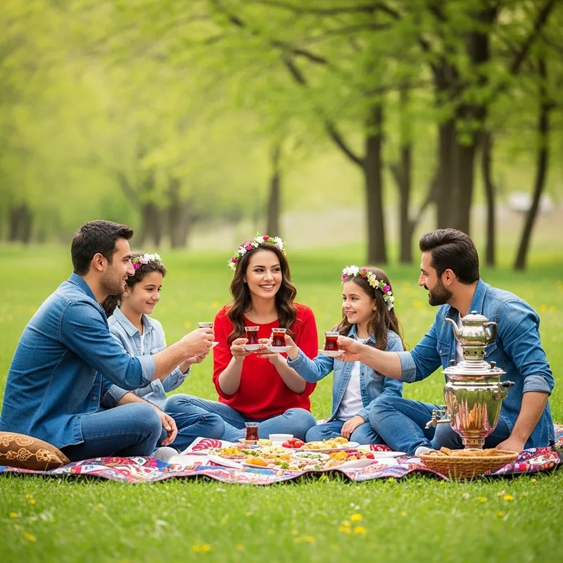 Turkish Family Picnic at Sizdah Bedar: Tea Tradition in Forest
