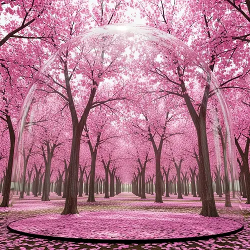Lush Sakura Forest Under Glass Dome - Realism