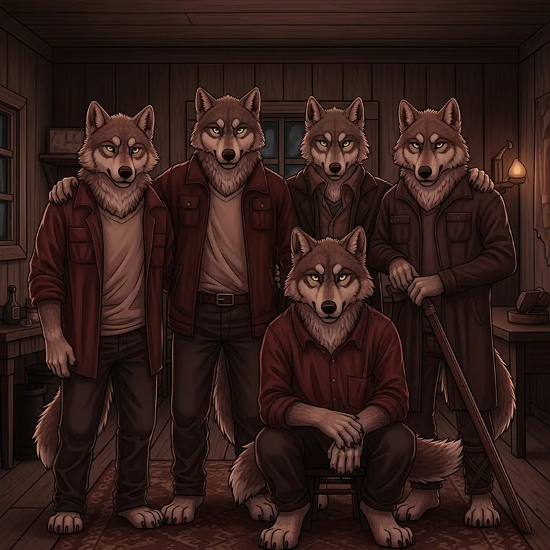 Camaraderie of Wolves in a Dimly Lit Room