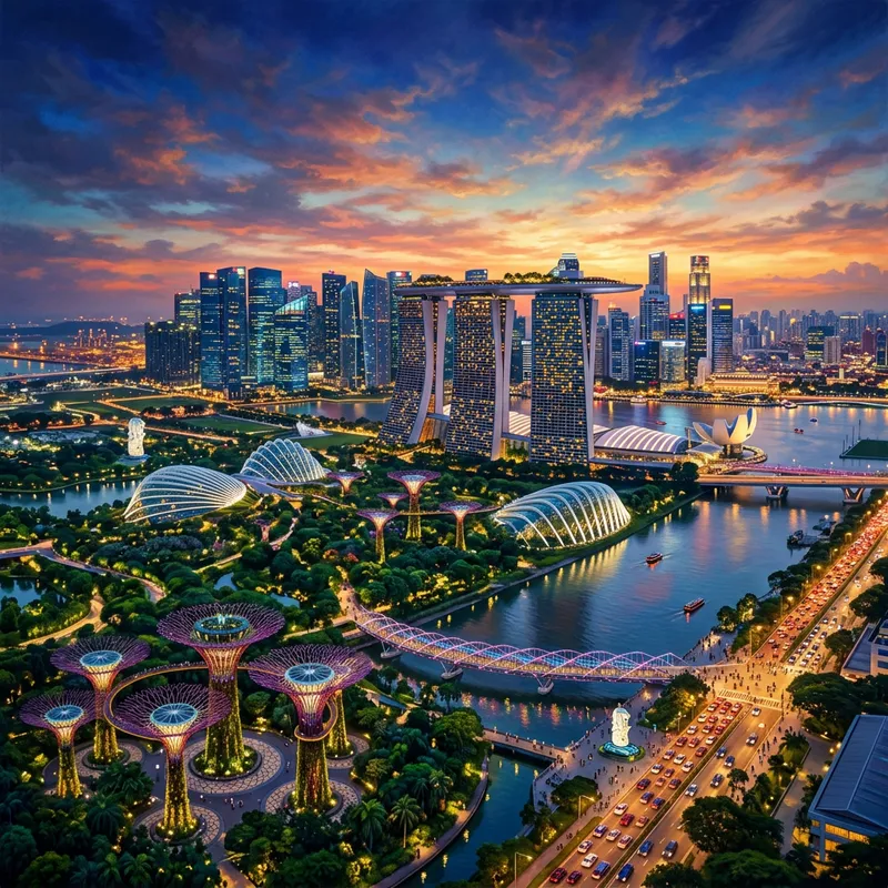 Singapore Skyline at Dusk: Aerial View of Marina Bay