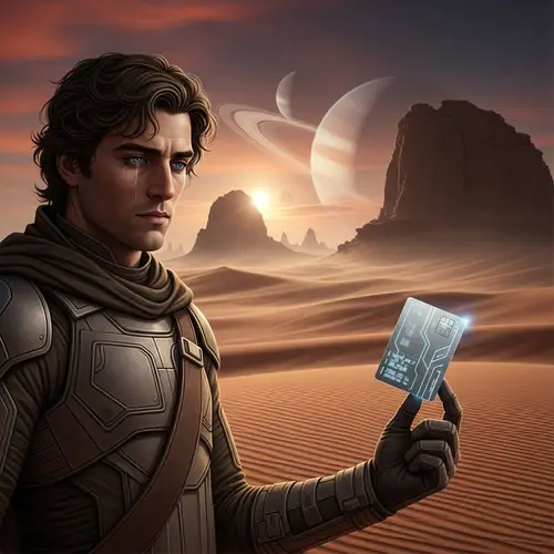 Futuristic Dune-inspired Character Holding Credit Card on Hostile Desert Planet