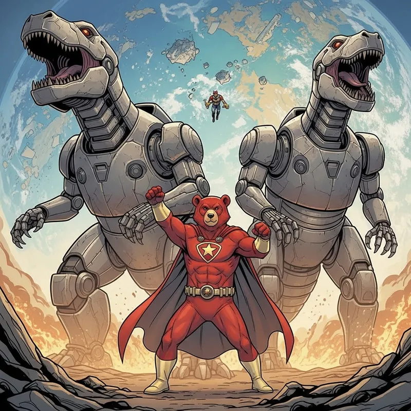 Red Bear Superhero and Robotic Dinosaurs Save the World