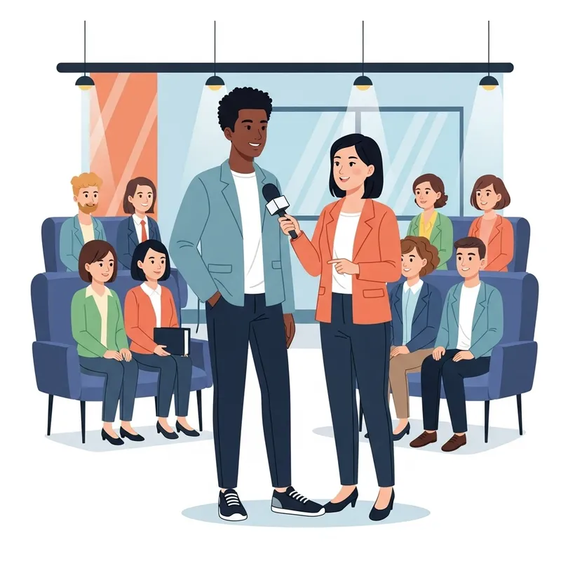 Television Studio Interview with Journalist and Young Man Television Studio Interview with Journalist and Young Man