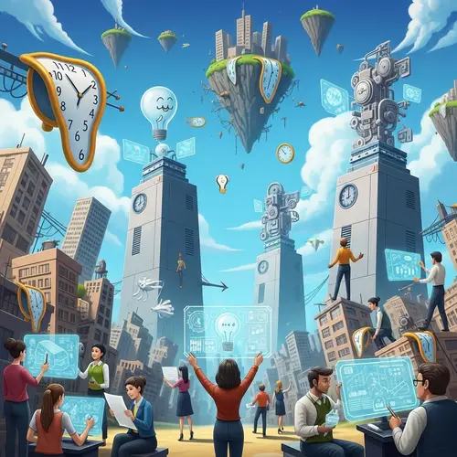 Surreal Innovation Scene: Jumbled Cityscape & Floating Islands