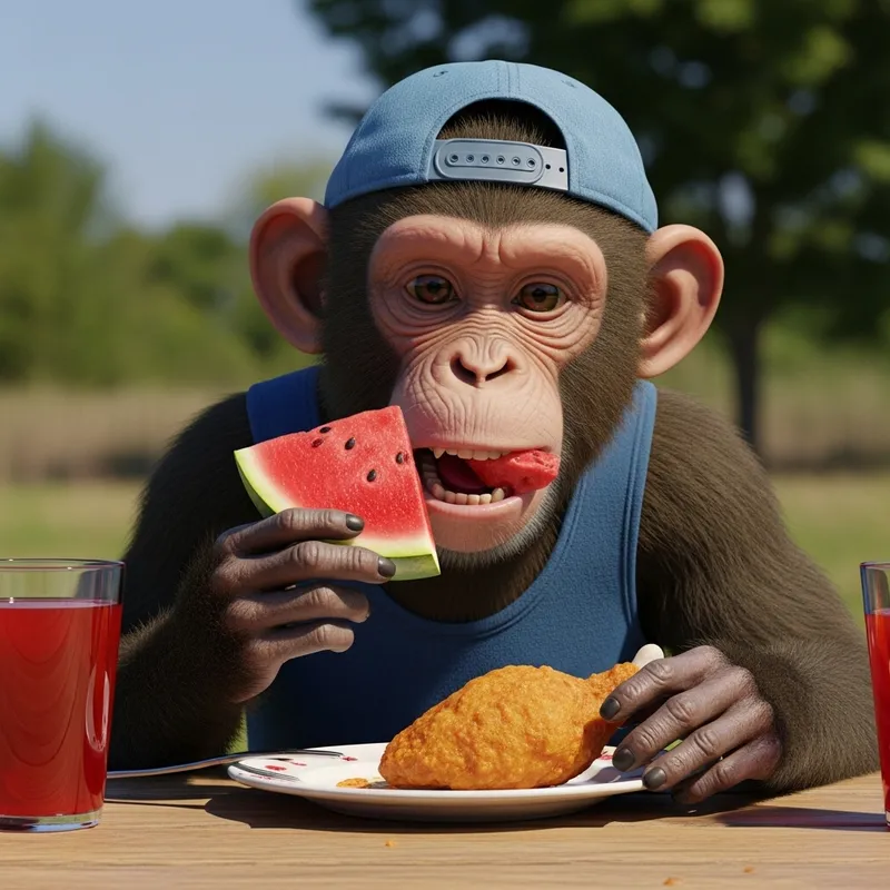 Hyperrealistic Humanoid Monkey Devouring Watermelon and Chicken