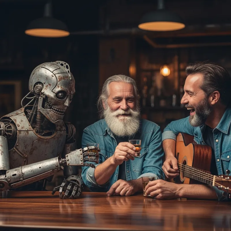 Robotic, Rocker & Gentleman Trio Enjoying Break at Rustic Bar