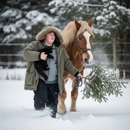 Overweight Teenager Leading Horse with Black Cat and Fir Tree