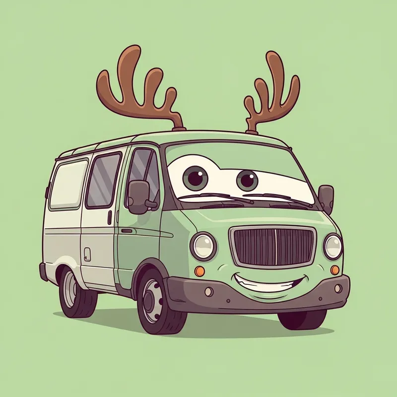 Cartoon-Style Living 'GAZelle' Vehicle with Antlers on Light Green Background Cartoon-Style Living 'GAZelle' Vehicle with Antlers on Light Green Background