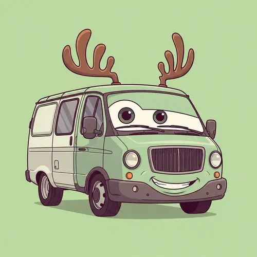 Cartoon-Style GAZelle Vehicle with Antlers on Light Green Background