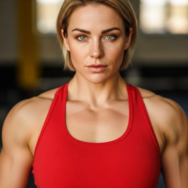 Beautiful Caucasian Woman with Bright Green Eyes in Red Tank Top